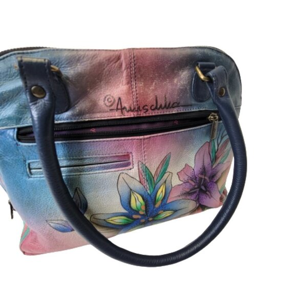 ANUSCHKA  5 Compartments Bag Handpainted Leather Floral Tote Blue Lilies Handbag - Picture 3 of 16